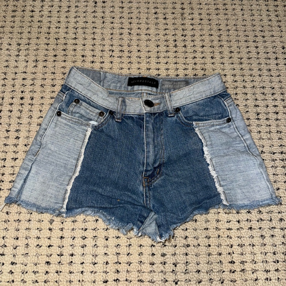 Aeropostale Color Block Cheeky High-Waisted Denim Shorts